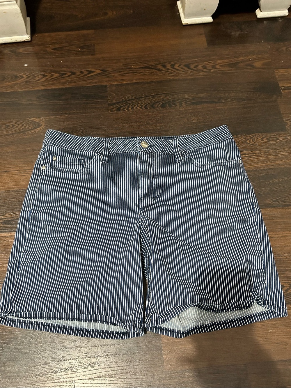 Lee Navy and White Pinstripe Shorts with Leather Patch